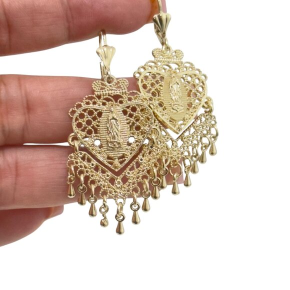 NEW Gold Filled Gold Filigree Heart Dangle Earrings With Virgin Mary Design - Picture 2 of 6